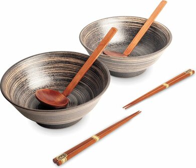 EDO JAPAN - Luxe - Ramenbowlset - Uzu Bruin - 2 Persoons - Ramen bowl set - 6 Delig - &Oslash;22 cm H9 cm - Ramen - Ramen bowl - Noodles - Noodles ramen - Noodle kom - Sushi stokjes - Chopsticks - Eetstokjes - Soeplepel - Schaal - Sushi servies