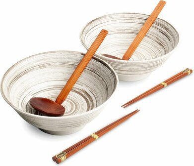 EDO JAPAN - Luxe - Ramenbowlset - Uzu Wit - 2 Persoons - Ramen bowl set - 6 Delig - &Oslash;22 cm H9 cm - Ramen - Ramen bowl - Noodles - Noodles ramen - Noodle kom - Sushi stokjes - Chopsticks - Eetstokjes - Soeplepel - Schaal - Sushi servies