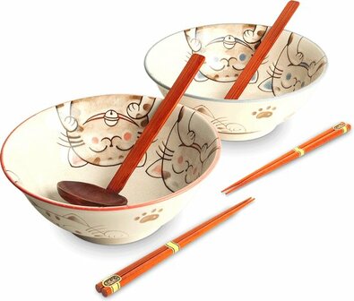 EDO JAPAN - Luxe - Ramenbowlset - Katten - 2 Persoons - Ramen bowl set - 6 Delig - &Oslash;22 cm H9 cm - Ramen - Ramen bowl - Gelukskat - Lucky cat - Noodles - Noodles ramen - Noodle kom - Sushi stokjes - Chopsticks - Eetstokjes - Soeplepel - Schaal - Sushi servies