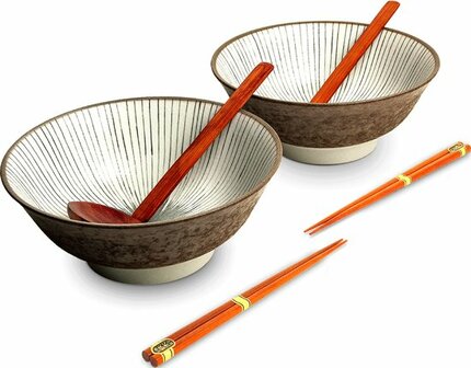 EDO JAPAN - Luxe - Ramenbowlset - Shima - 2 Persoons - Ramen bowl set - 6 Delig - &Oslash;22 cm H9 cm - Ramen - Ramen bowl - Noodles - Noodles ramen - Noodle kom - Sushi stokjes - Houten Lepel - Chopsticks - Eetstokjes - Soeplepel - Kom - Schaal - Sushi servies