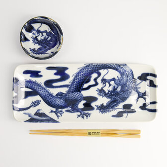 TOKYO DESIGN STUDIO - Japonism Dragon Sushi Giftset 3pcs Blue 28.5x14cm + 9x3cm Incl. Chopsticks 21520 1/6