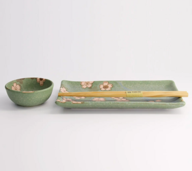 TOKYO DESIGN STUDIO - Sakura Green Sushi Set 2pcs w/ chopsticks 22.5x12.7cm &amp; 8.6x3.6cm 22584