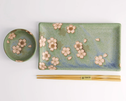 TOKYO DESIGN STUDIO - Sakura Green Sushi Set 2pcs w/ chopsticks 22.5x12.7cm &amp; 8.6x3.6cm 22584