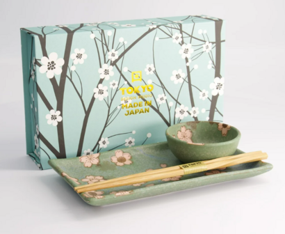 TOKYO DESIGN STUDIO - Sakura Green Sushi Set 2pcs w/ chopsticks 22.5x12.7cm &amp; 8.6x3.6cm 22584