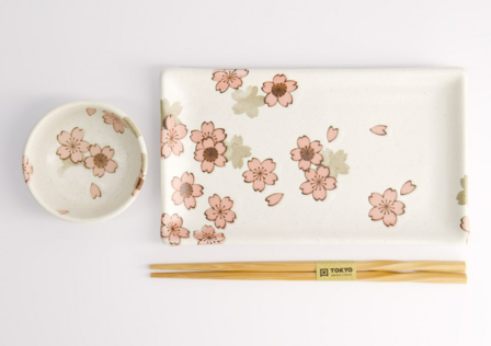 TOKYO DESIGN STUDIO - Sakura White Sushi Set 2pcs w/ chopsticks 22.5x12.7cm &amp; 8.6x3.6cm 22581