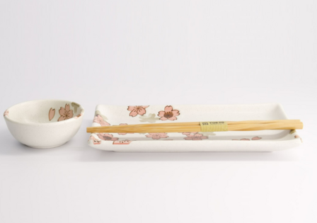 TOKYO DESIGN STUDIO - Sakura White Sushi Set 2pcs w/ chopsticks 22.5x12.7cm &amp; 8.6x3.6cm 22581