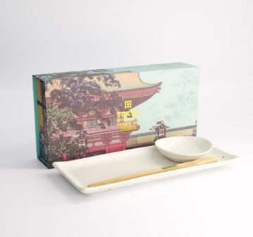 TOKYO DESIGN STUDIO - Kohiki White Matte Sushi Set 2pcs w/ chopsticks 28.5x12.5cm &amp; 10x2cm 22635