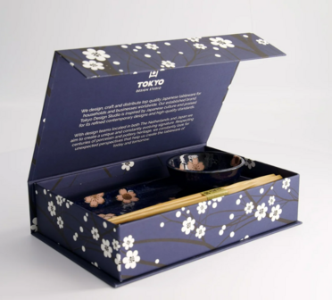 TOKYO DESIGN STUDIO - Sakura Navy Sushi Set 2pcs w/ chopsticks 22.5x12.7cm &amp; 8.6x3.6cm 22582