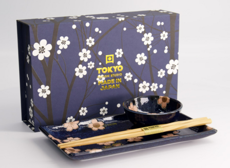 TOKYO DESIGN STUDIO - Sakura Navy Sushi Set 2pcs w/ chopsticks 22.5x12.7cm &amp; 8.6x3.6cm 22582