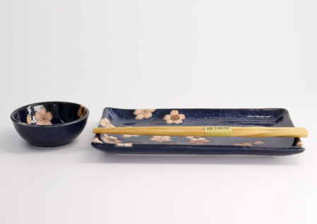 TOKYO DESIGN STUDIO - Sakura Navy Sushi Set 2pcs w/ chopsticks 22.5x12.7cm &amp; 8.6x3.6cm 22582