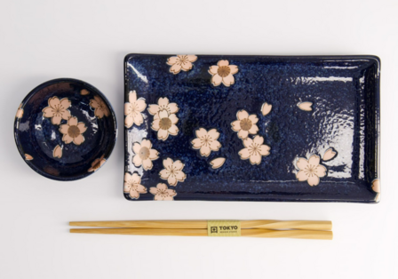 TOKYO DESIGN STUDIO - Sakura Navy Sushi Set 2pcs w/ chopsticks 22.5x12.7cm &amp; 8.6x3.6cm 22582