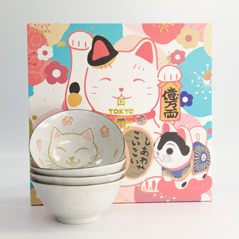 TOKYO DESIGN STUDIO - Mixed Bowls Kawaii Giftset 4pcs 15x7cm 500ml Blue Luckycat 7F 22035 1/6