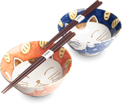 EDO JAPAN -Kommenset - Ramenbowlset- Katten - 2 Persoons - Bowl set - 4 Delig - &Oslash;15 cm H7 cm - Gelukskat - Lucky cat - Ramenkom - Sushi stokjes - Chopsticks - Eetstokjes - Servies