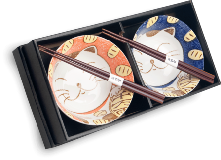 EDO JAPAN -Kommenset - Ramenbowlset- Katten - 2 Persoons - Bowl set - 4 Delig - &Oslash;15 cm H7 cm - Gelukskat - Lucky cat - Ramenkom - Sushi stokjes - Chopsticks - Eetstokjes - Servies