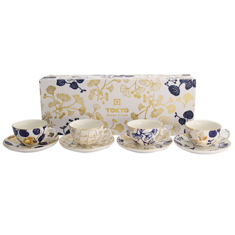 Tokyo Design Studio &ndash; Flora Japonica Gold &ndash; Set met Kopjes en Schoteltjes &ndash; 4 verschillende designs &ndash; 100ml