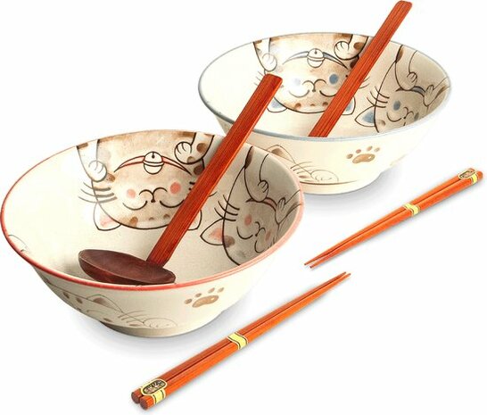 EDO JAPAN - Luxe - Ramenbowlset - Katten - 2 Persoons - Ramen bowl set - 6 Delig - Ø22 cm H9 cm - Ramen - Ramen bowl - Gelukskat - Lucky cat - Noodles - Noodles ramen - Noodle kom - Sushi stokjes - Chopsticks - Eetstokjes - Soeplepel - Schaal - Sushi servies