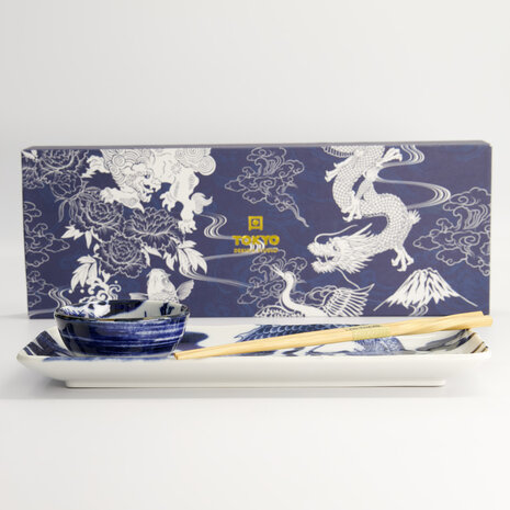 TOKYO DESIGN STUDIO - Japonism Dragon Sushi Giftset 3pcs Blue 28.5x14cm + 9x3cm Incl. Chopsticks 21520 1/6