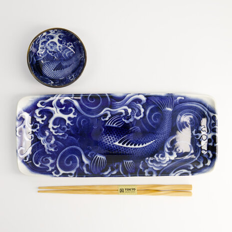 TOKYO DESIGN STUDIO - Japonism Carp Sushi Giftset 3pcs Blue 28.5x14cm + 9x3cm Incl. Chopsticks 21519 1/12