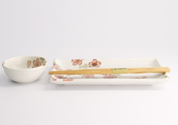 TOKYO DESIGN STUDIO - Sakura White Sushi Set 2pcs w/ chopsticks 22.5x12.7cm & 8.6x3.6cm 22581