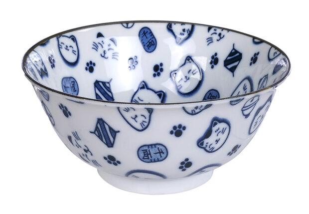 TOKYO DESIGN STUDIO - Kawaii Lucky Cat Neko Bowl 15x7cm 500ml Blue HB-7109/B 6/48