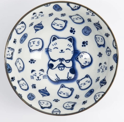 TOKYO DESIGN STUDIO - Kawaii Lucky Cat Neko Bowl 15x7cm 500ml Blue HB-7109/B 6/48