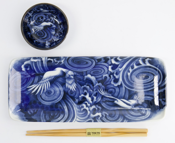 TOKYO DESIGN STUDIO - Japonism Crane Sushi Giftset 3pcs Blue 28.5x14cm + 9x3cm Incl. Chopsticks 21521