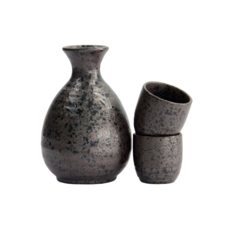 TOKYO DESIGN STUDIO - Sake Set 1:2 Kuro Tetsusabi 8x12.5cm + 4.5x4.5cm (300ml +50ml) 3pcs YW-8423/C 1/36